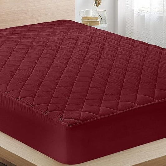 MAT Solid Colour Quilted Ultrasonic 100% Waterproof Mattress Cover For Double Bed Fitted Mattress Protector Anti Sleep Bed Sheet (Maroon)