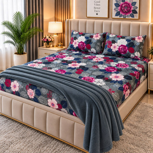PRINTED 3-PIECE WATERPROOF QUILTED MATTRESS PROTECTOR – GREY PINK ROSE PRINT